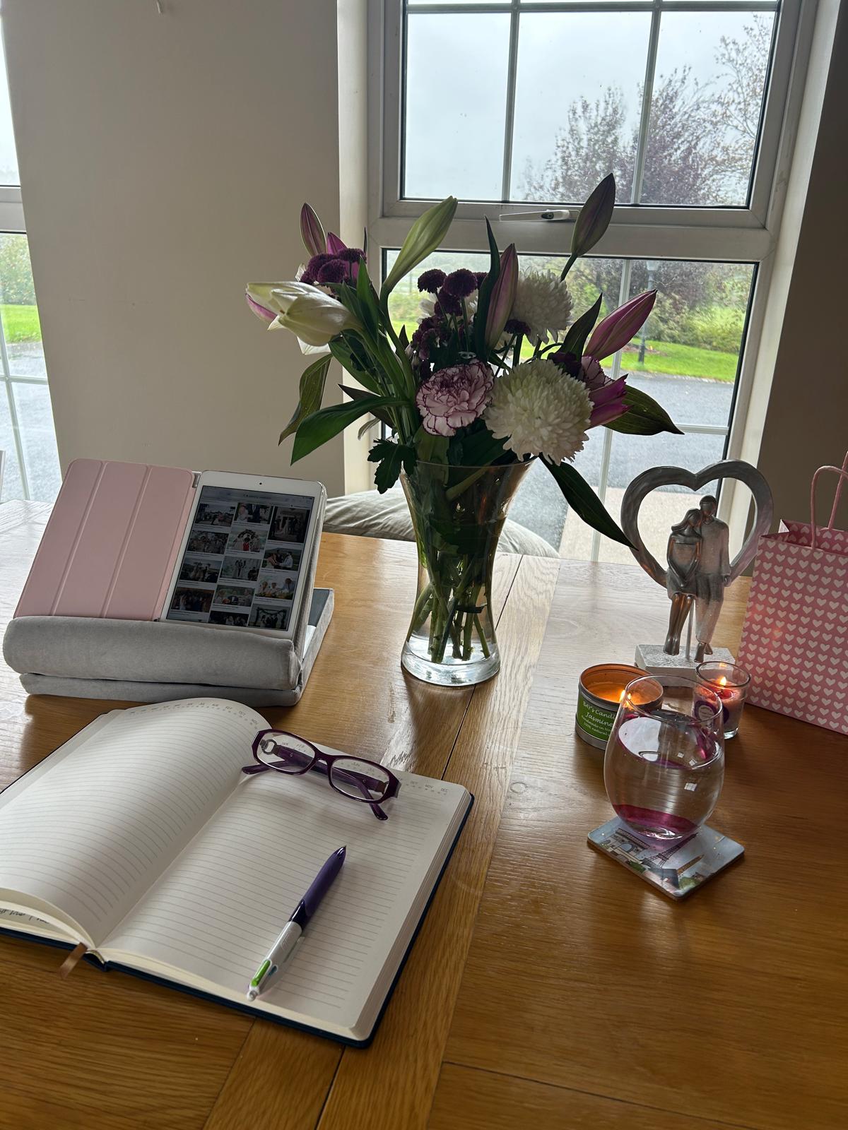 Flowers, candles and a thank you gift from Laure and Dan on Gráinne's desk